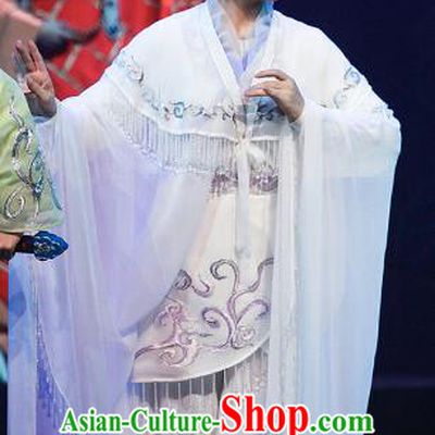 Chinese Shaoxing Opera Wu Dan Actress Bai Suzhen Garment Costumes and Headdress Legend of White Snake Yue Opera Hua Tan White Dress Apparels
