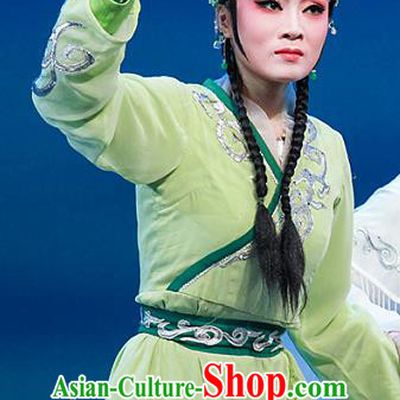 Chinese Shaoxing Opera Xiaodan Green Dress Garment Costumes and Headdress Legend of White Snake Yue Opera Wudan Actress Apparels