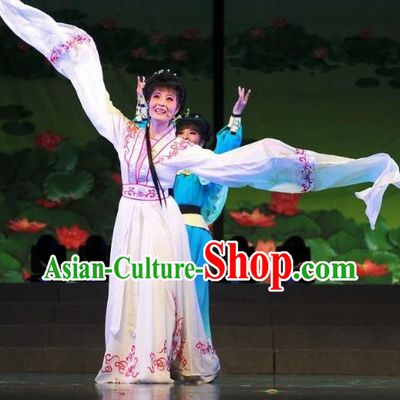 Chinese Shaoxing Opera Water Sleeve Dress Garment Costumes and Headdress Legend of White Snake Yue Opera Actress Bai Suzhen Apparels