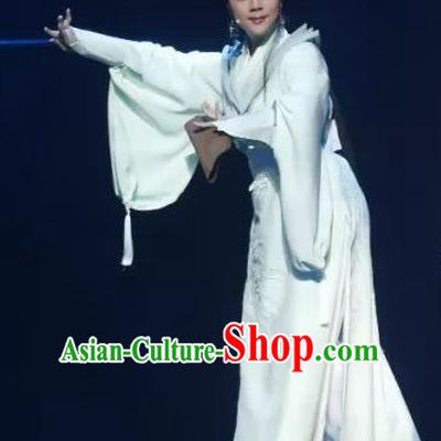 Chinese Shaoxing Opera Young Lady White Dress Apparels Costumes and Headpieces The Story of Goddess Yue Opera Wudan Garment