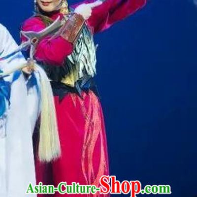 Chinese Shaoxing Opera Swordswoman Han Ba Red Apparels Costumes and Headdress The Story of Goddess Yue Opera Martial Female Dress Garment