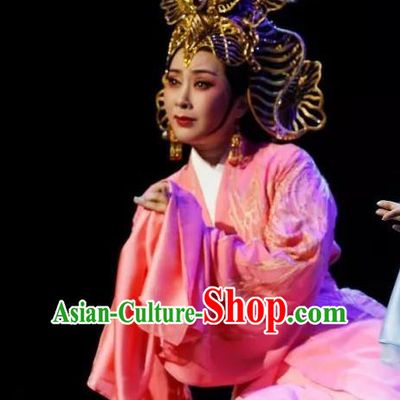 Chinese Shaoxing Opera Hua Tan Apparels Costumes and Headdress The Story of Goddess Yue Opera Actress Pink Dress Garment