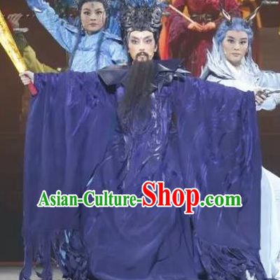 The Story of Goddess Chinese Yue Opera Elderly Male Purple Apparels Costumes and Headwear Shaoxing Opera Laosheng Garment