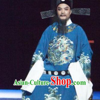 Tuan Yuan Zhi Hou Chinese Yue Opera Magistrate Vestment Apparels and Hat Shaoxing Opera Garment Elderly Male Official Costumes