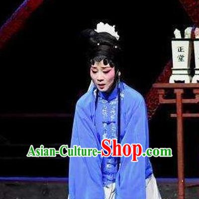 Chinese Shaoxing Opera Tsing Yi Blue Dress Costumes and Headdress Tuan Yuan Zhi Yue Opera Actress Distress Maiden Garment Apparels