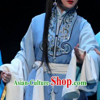 Xianglian Case Chinese Shaoxing Opera Distress Maiden Actress Qin Xianglian Blue Apparels Costumes and Headdress Yue Opera Tsing Yi Garment