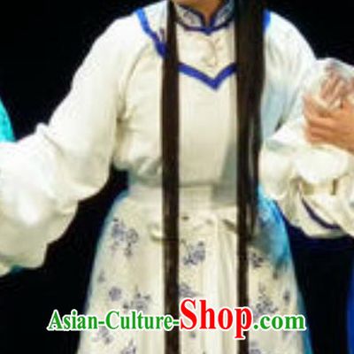 Chinese Shaoxing Opera Actress White Dress Costumes and Headdress Xianglian Case Yue Opera Tsing Yi Garment Distress Maiden Apparels
