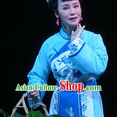 Chinese Shaoxing Opera Village Girl Costumes and Headpieces Wu Gu Niang Yue Opera Young Lady Garment Apparels