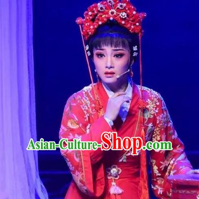 Chinese Shaoxing Opera Hua Tan Wedding Apparels Costumes and Headdress Fang Cao Meng Yue Opera Actress Red Dress Garment