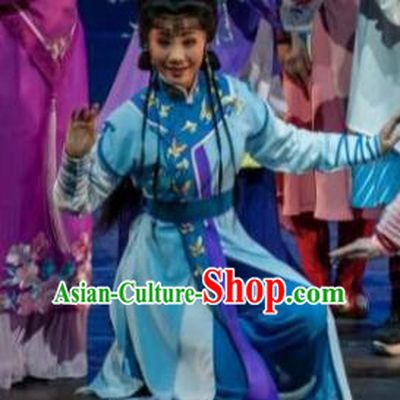 Chinese Shaoxing Opera Young Female Blue Dress Garment Apparels and Headdress Lu Ding Ji Yue Opera Actress Costumes