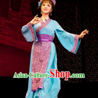 Chinese Shaoxing Opera Country Lady Blue Dress Apparels Costumes and Headpieces Huang Dao Po Yue Opera Xiaodan Young Girl Garment