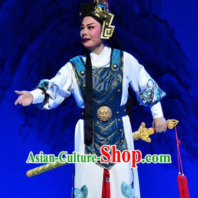 Mrs Dayi Chinese Yue Opera Martial Male Takefu Armor Garment Costumes and Headwear Shaoxing Opera Wusheng General Apparels