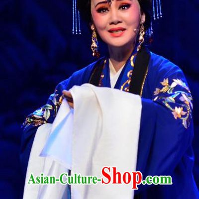 Chinese Shaoxing Opera Dowager Countess Costumes and Headdress Yue Opera Mrs Dayi Actress Infanta Chai Blue Dress Garment Apparels