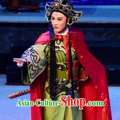 Mrs Dayi Chinese Yue Opera Takefu Martial Male Garment Costumes and Headwear Shaoxing Opera Wusheng Green Apparels