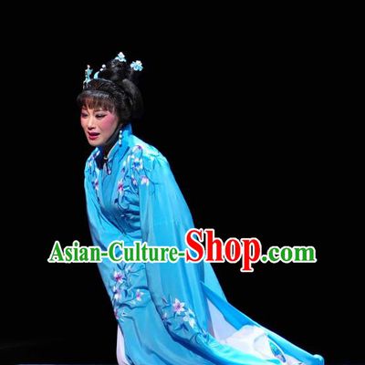 Chinese Shaoxing Opera Diva Blue Water Sleeve Dress Apparels Costumes and Headpieces Yue Opera Hua Tan Garment