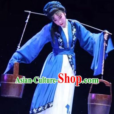Chinese Shaoxing Opera Distress Maiden Fengxue Hanmei Li Sanniang Dress Costumes and Headpieces Yue Opera Young Female Blue Garment Apparels