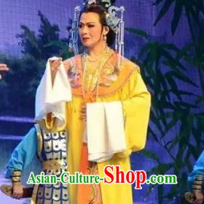 Chinese Shaoxing Opera Princess Miao Shan Yellow Costumes Apparels and Headdress Hua Xi Love Song Yue Opera Actress Dress Garment