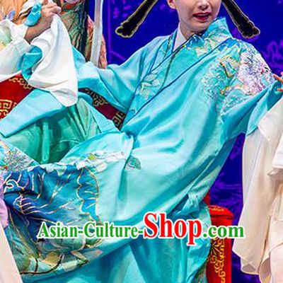 Chinese Kun Opera Scholar Young Male Costumes Nan Ke Dream Garment and Headwear Kunqu Opera Xiaosheng Chunyu Fen Blue Robe Apparels Clothing