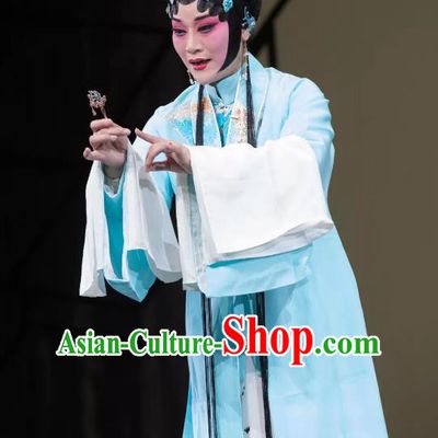 Chinese Kun Opera Hua Tan Li Ruoshui Blue Dress Costumes and Headpieces Heros Kunqu Opera Actress Young Female Garment Apparels