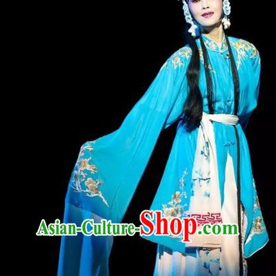 Chinese Kun Opera Tsing Yi Fu Guiying Dress Apparels Costumes and Headdress Burning Incense Kunqu Opera Distress Maiden Blue Garment