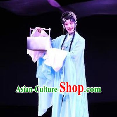 Chinese Kun Opera Young Female Yun Niang Apparels Costumes and Headpieces Six Chapters of a Floating Life Kunqu Opera Actress Blue Dress Garment