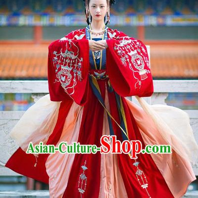 Chinese Ancient Tang Dynasty Palace Lady Historical Costumes Princess Embroidered Garment Traditional Red Hanfu Dress Complete Set