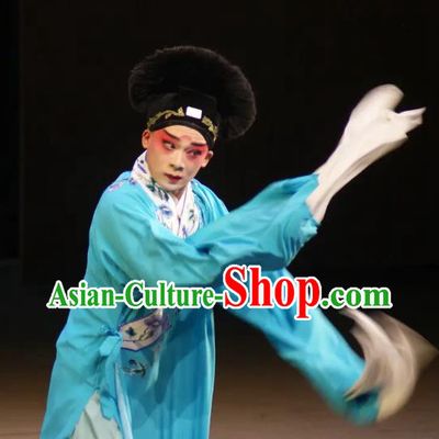 Leifeng Pagoda Chinese Kun Opera Niche Blue Robe Apparels and Headwear Kunqu Opera Xiaosheng Scholar Garment Costumes