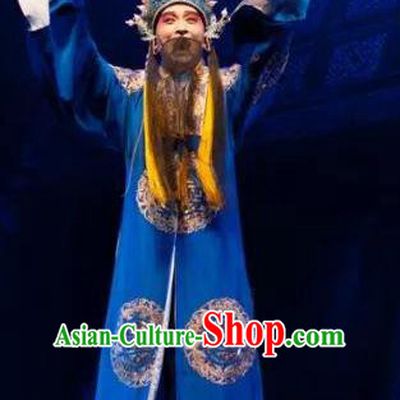 Jing Yang Zhong Chinese Kun Opera Emperor Chongzhen Blue Embroidered Robe Costumes and Headwear Kunqu Opera Laosheng Garment Elderly Male Apparels