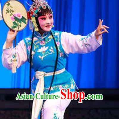Chinese Kun Opera Xiaodan Blue Dress Apparels and Headdress Dream in The Garden Traditional Kunqu Opera Servang Girl Chun Xiang Garment Costumes
