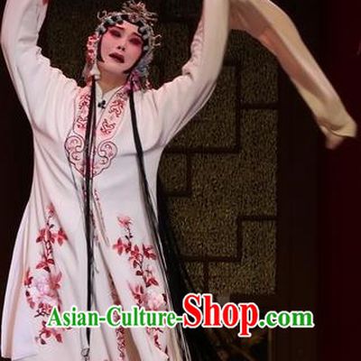 Chinese Kun Opera Diva White Apparels Costumes and Headdress Full Bed Wat Traditional Kunqu Opera Hua Tan Actress Dress Young Mistress Garment
