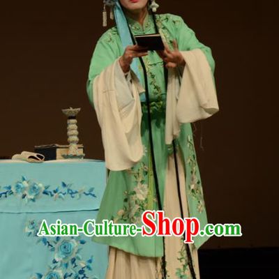 Chinese Kun Opera Young Female Qiao Xiaoqing Green Apparels Costumes and Hair Accessories Liao Du Geng Traditional Kunqu Opera Actress Dress Consort Garment