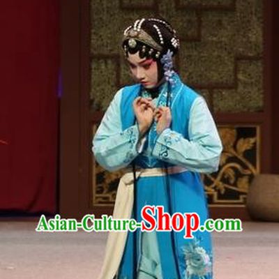 Chinese Kun Opera Young Girl Blue Dress Apparels and Headdress Full Bed Wat Traditional Kunqu Opera Servant Lady Garment Costumes