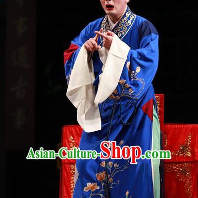 Xiu Ru Ji Chinese Kun Opera Xiaosheng Costumes and Headwear Kunqu Opera Young Male Garment Apparels Scholar Zheng Yuanhe Blue Robe