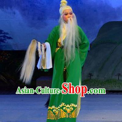 Chinese Yue Opera Elderly Male Apparels Pi Shan Jiu Mu Garment Shaoxing Opera Costumes Lao Sheng Earth God Green Robe and Headdress