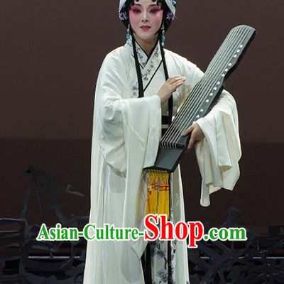 Chinese Kun Opera Tsing Yi Actress Apparels Costumes and Headdress Continue the Pipa Traditional Kunqu Opera Distress Maiden White Dress Garment