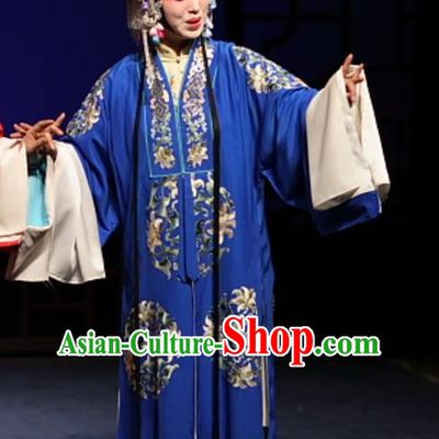 Chinese Kun Opera Noble Female Costumes Apparels and Headdress Feng Zheng Wu Traditional Kunqu Opera Hua Tan Blue Dress Garment
