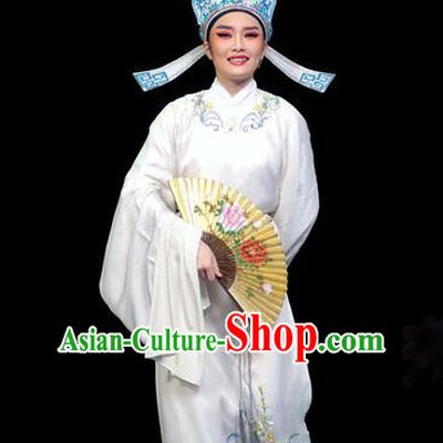 Chinese Yue Opera Xiao Sheng Apparels Yu Qing Ting Shen Guisheng Shaoxing Opera Costumes Young Male Scholar Garment White Embroidered Robe and Hat