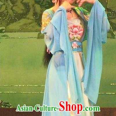 Chinese Shaoxing Opera Hua Tan Diva Costumes The Pearl Tower Apparels Yue Opera Garment Actress Rich Lady Blue Dress and Hair Accessories