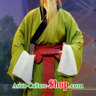 Chinese Yue Opera Elderly Male Apparels The Pearl Tower Shaoxing Opera Lao Sheng Costumes Green Robe Garment and Hat