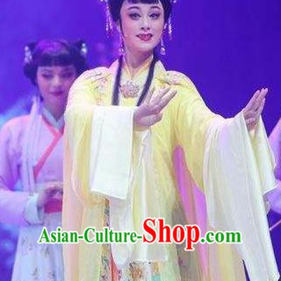 Chinese Shaoxing Opera Noble Lady Costumes Zhang Yu Niang Apparels Yue Opera Hua Tan Actress Yellow Dress Garment and Headpieces