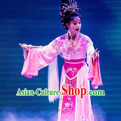 Chinese Huangmei Opera Peri Apparels Costumes and Headpieces Goddess Marriage Traditional Anhui Opera Hua Tan Pink Dress Garment