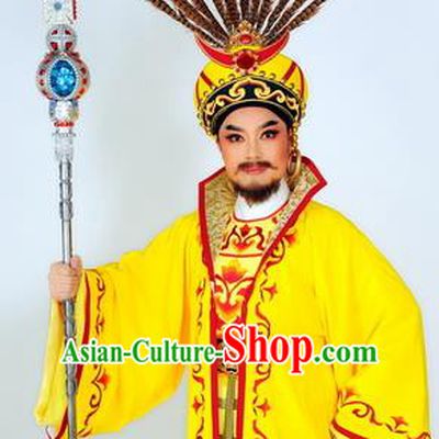 Chinese Shaoxing Opera Tribal Chief Garment Classical Yue Opera Desert Prince Apparels Young Male King Yellow Costumes and Hat