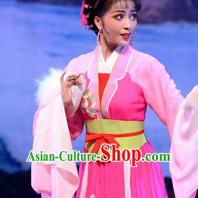 Chinese Huangmei Opera Young Beauty Apparels Costumes and Headpieces Goddess Marriage Traditional Anhui Opera Hua Tan Pink Dress Garment