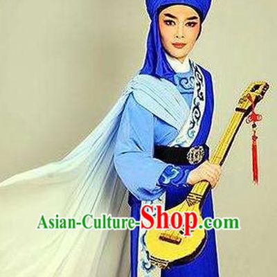 Chinese Shaoxing Opera Xiao Sheng Blue Garment and Hat Yue Opera Desert Prince Apparels Costumes Young Male Robe