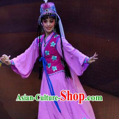 Chinese Shaoxing Opera Princess Purple Dress Desert Prince Yue Opera Garment Costumes Mongolian Lady Apparels and Headwear