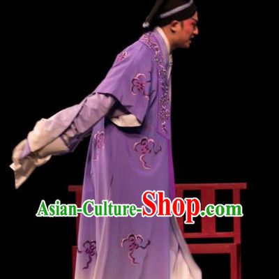 Luo Pa Ji Chinese Huangmei Opera Young Man Purple Costumes and Headwear An Hui Opera Steward Jiang Xiong Apparels Clothing