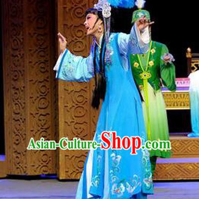 Chinese Shaoxing Opera Court Lady Blue Dress Desert Prince Yue Opera Garment Costumes Princess Consort Apparels and Headwear