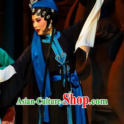 Chinese Huangmei Opera Distress Maiden Garment Costumes and Headpieces Ji Mo Han Qing Traditional Anhui Opera Young Female Black Dress Apparels