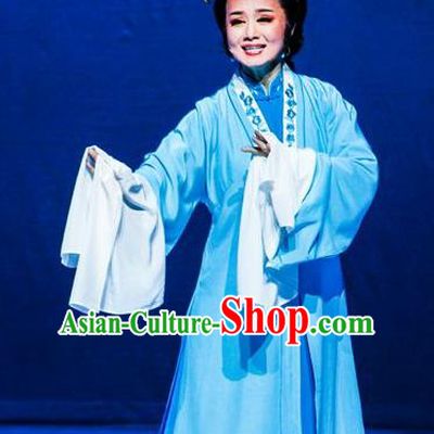Chinese Huangmei Opera Dame Garment Costumes and Headpieces Censor Lady Traditional Anhui Opera Elderly Female Blue Dress Apparels