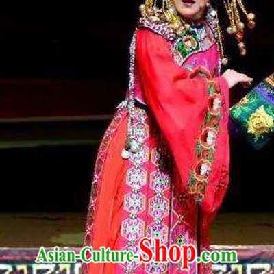 Chinese Huangmei Opera Tujia Nationality Bride Garment Costumes and Headdress Traditional Anhui Opera Actress Red Dress Apparels